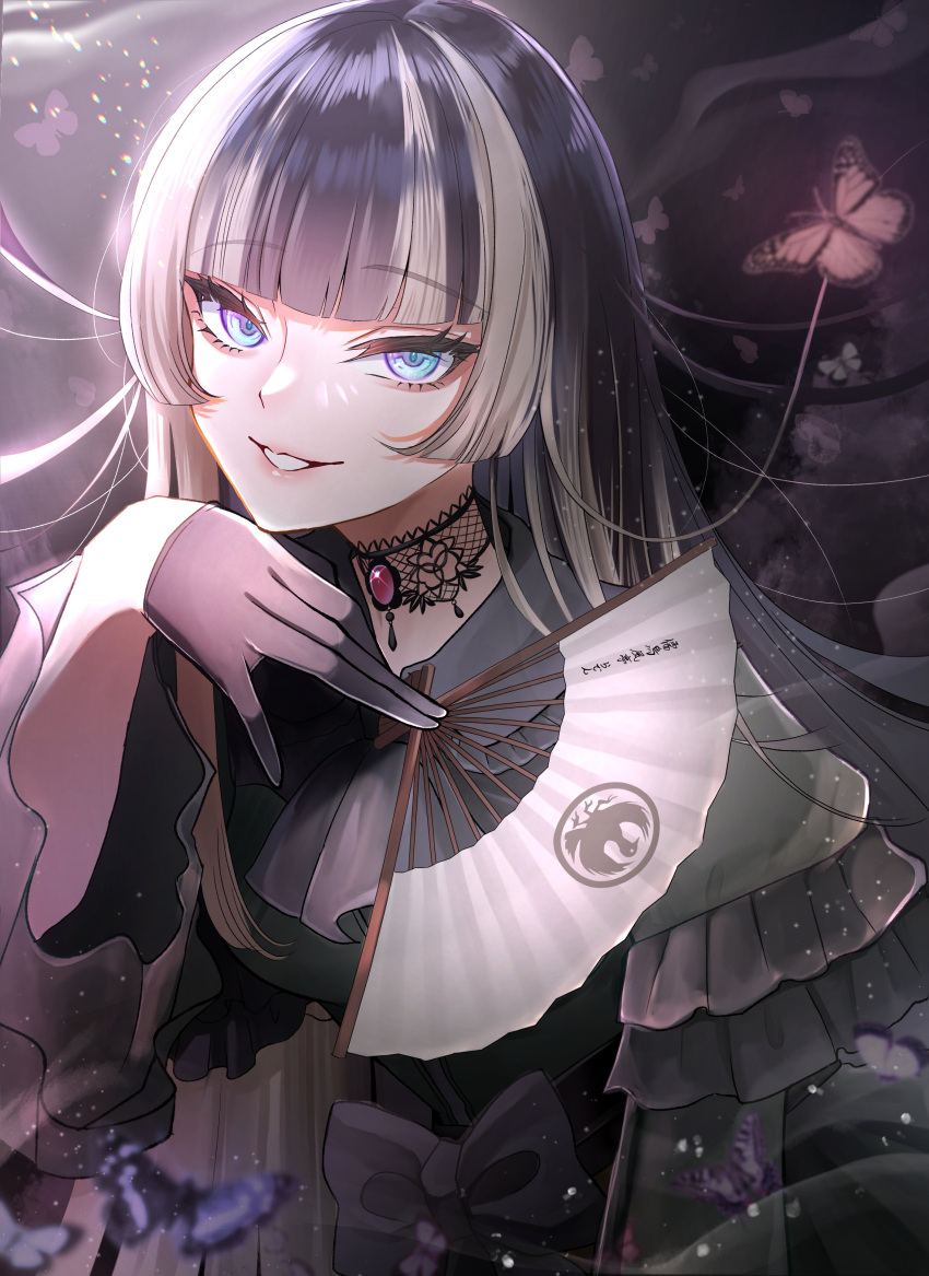 1girl absurdres black_gloves black_hair blue_eyes bug butterfly choker dress gloves green_dress grey_hair hand_fan highres hinoki_kahun0 holding holding_fan hololive hololive_dev_is juufuutei_raden lace lace_choker long_hair multicolored_hair two-tone_hair virtual_youtuber
