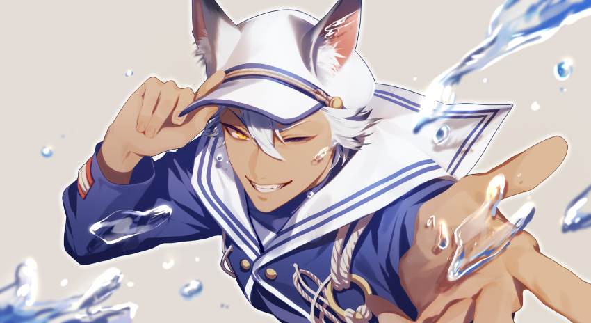13_(bbr584607091) 1boy adjusting_clothes adjusting_headwear animal_ear_fluff animal_ears blue_shirt brown_background commentary dark-skinned_male dark_skin grin highres jack_howl long_sleeves looking_at_viewer male_focus official_alternate_costume one_eye_closed outline outstretched_hand rope sailor_collar shirt short_hair simple_background smile solo symbol-only_commentary twisted_wonderland upper_body visor_cap water water_drop white_hair white_headwear white_sailor_collar wolf_boy wolf_ears yellow_eyes