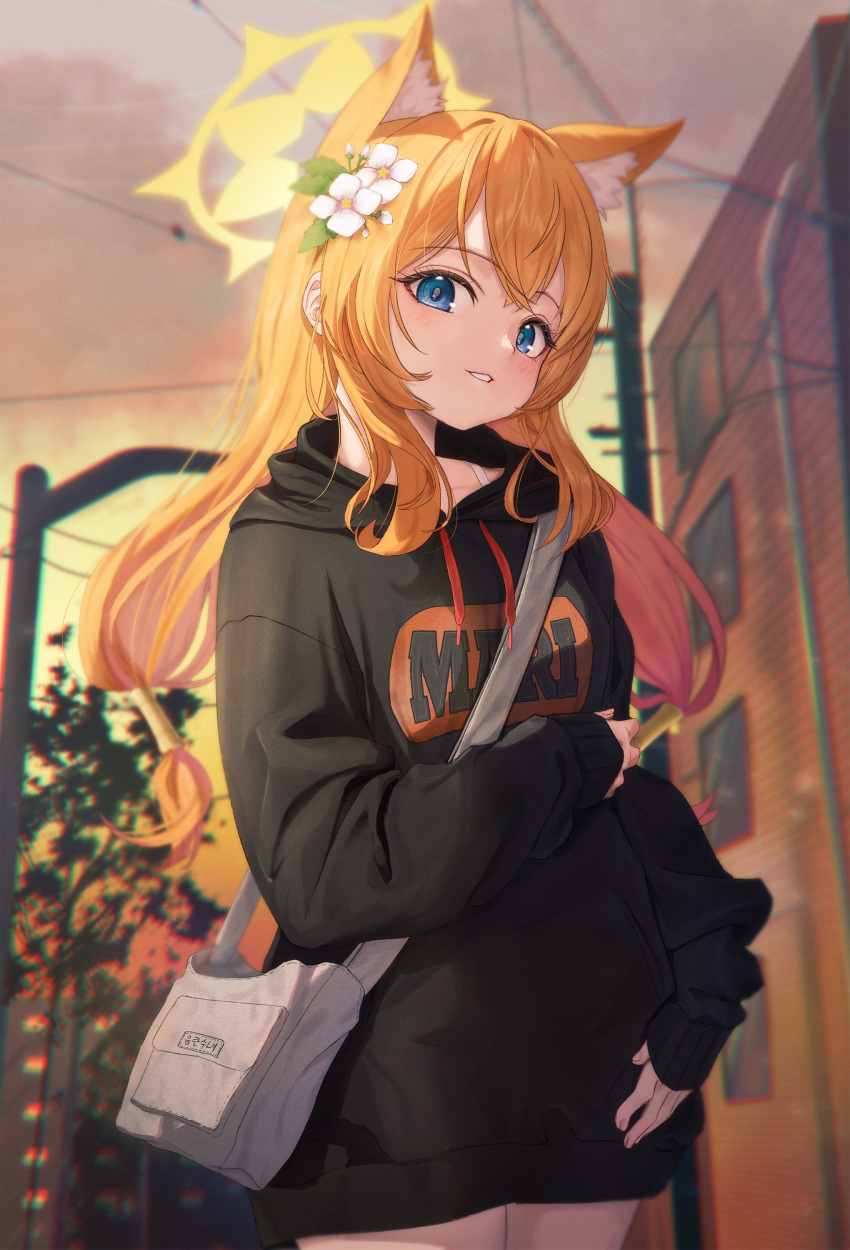 1girl absurdres animal_ear_fluff animal_ears bag blue_archive blue_eyes building chiu538 flower hair_flower hair_ornament halo highres hood hoodie long_hair looking_at_viewer mari_(blue_archive) messenger_bag open_mouth orange_hair outdoors shoulder_bag solo sunset white_flower yellow_halo