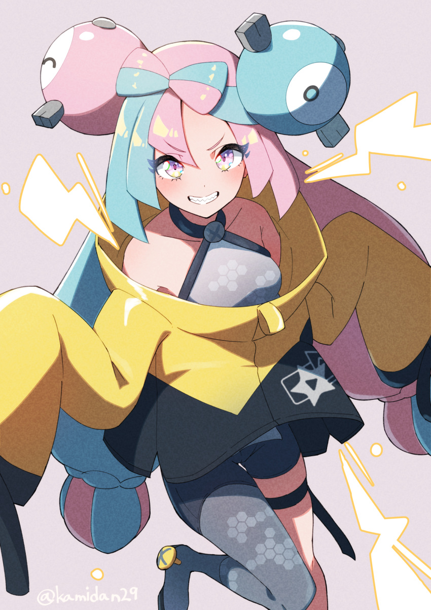 1girl aqua_hair armpit_crease artist_name asymmetrical_bangs bare_shoulders black_jacket black_shorts blunt_ends blush boots bow-shaped_hair breasts character_hair_ornament collarbone commentary_request grey_background grey_footwear grey_pantyhose grey_shirt grin hair_ornament highres iono_(pokemon) jacket kamidan lightning_bolt_symbol long_hair long_sleeves looking_at_viewer multicolored_clothes multicolored_hair multicolored_jacket pantyhose pink_eyes pink_hair pokemon pokemon_sv sharp_teeth shirt shorts single_leg_pantyhose sleeveless sleeveless_shirt sleeves_past_fingers sleeves_past_wrists smile solo split-color_hair teeth thigh_strap thighs twintails twitter_username two-tone_hair two-tone_jacket v-shaped_eyebrows very_long_sleeves yellow_jacket