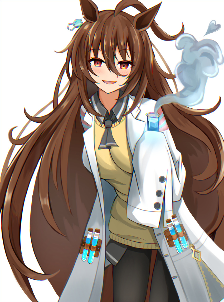 1girl absurdres agnes_tachyon_(umamusume) ahoge alternate_hair_length alternate_hairstyle bandolier black_necktie black_pantyhose brown_hair chemical_structure coat collared_shirt commentary_request earrings flask highres holding holding_flask horse_girl jewelry lab_coat long_hair looking_at_viewer necktie open_clothes open_coat pantyhose red_eyes shirt simple_background single_earring sky_wing12 sleeves_past_fingers sleeves_past_wrists smile solo sweater_vest test_tube umamusume very_long_hair very_long_sleeves white_background white_coat yellow_sweater_vest