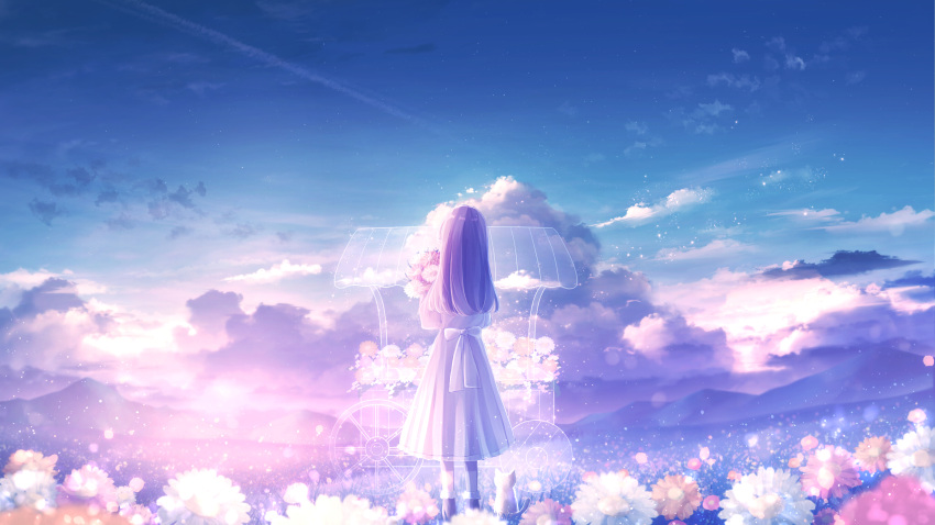 1girl absurdres amenomori_howa backlighting blurry bow cart cat clouds cloudy_sky contrail depth_of_field dress dress_bow flower from_behind highres hill holding holding_flower light light_particles long_hair original petals scenery sky solo sunlight white_dress