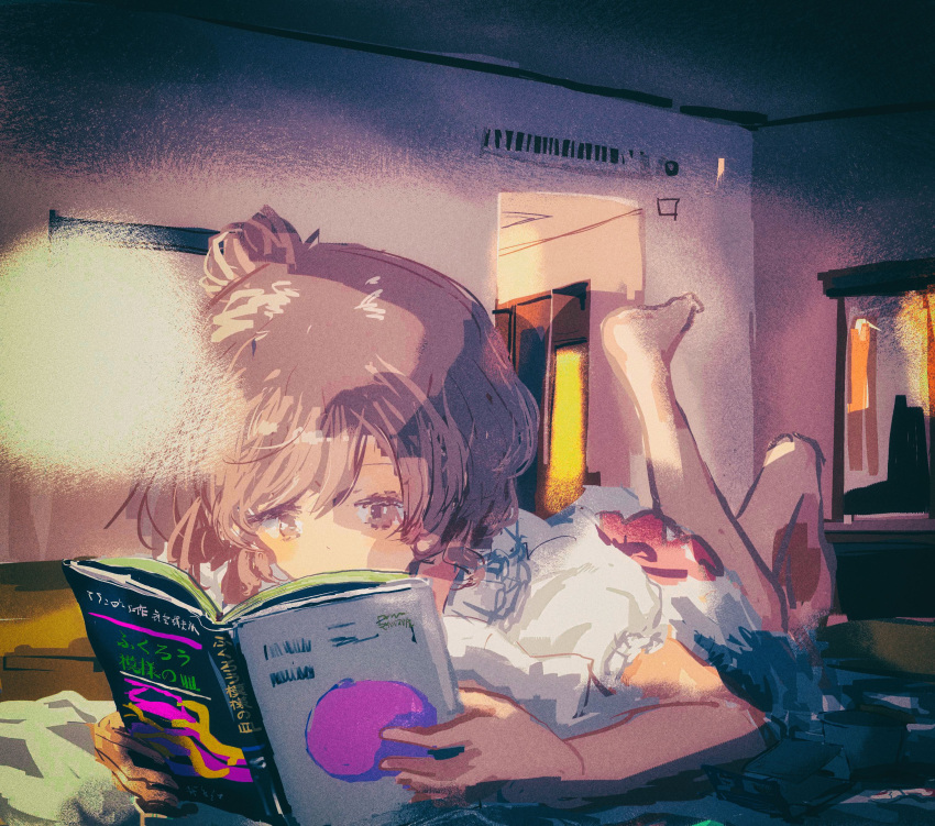 1girl absurdres barefoot bedroom book brown_eyes brown_hair cevio commentary_request doorway dress foot_up hair_bun highres holding holding_book indoors kabuyama_kaigi long_hair lying mirror on_bed on_stomach puffy_short_sleeves puffy_sleeves reading satou_sasara short_dress short_sleeves side_ponytail single_side_bun solo the_owl_service_(alan_garner) the_pose translation_request white_dress