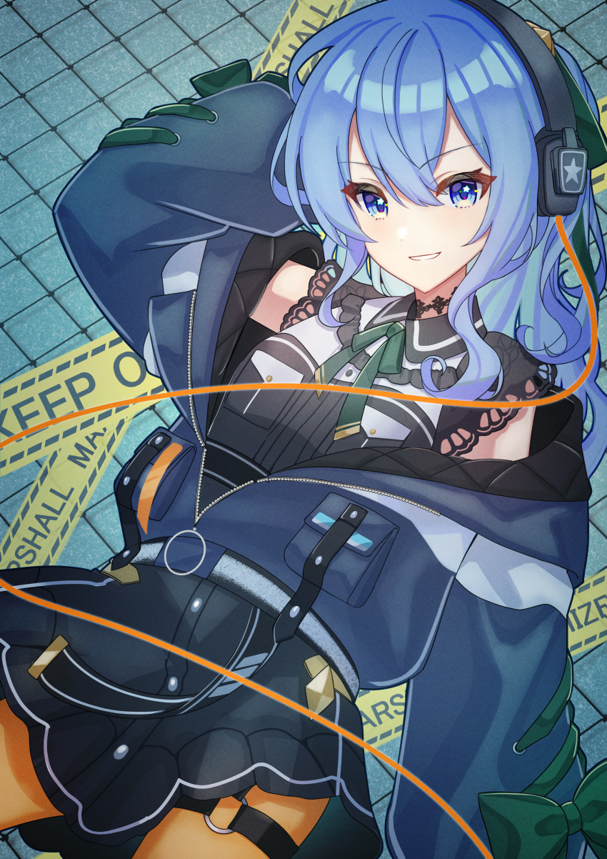 1girl absurdres blue_eyes blue_hair cable caution_tape choker collared_shirt grin hand_up headphones highres hololive hoshimachi_suisei hoshimachi_suisei_(streetwear) jacket lace lace_choker long_hair long_sleeves looking_at_viewer neck_ribbon o-ring o-ring_thigh_strap off_shoulder pantyhose pocket ribbon shirt short_sleeves skirt smile solo thigh_strap tsumurimai unzipped virtual_youtuber