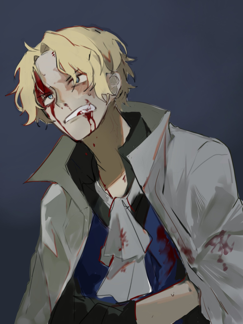 1boy ascot berot4ksenku blonde_hair blood blood_from_mouth blood_on_face burn_scar gloves highres long_sleeves male_focus one_piece sabo_(one_piece) scar scar_across_eye scar_on_face shirt solo white_ascot