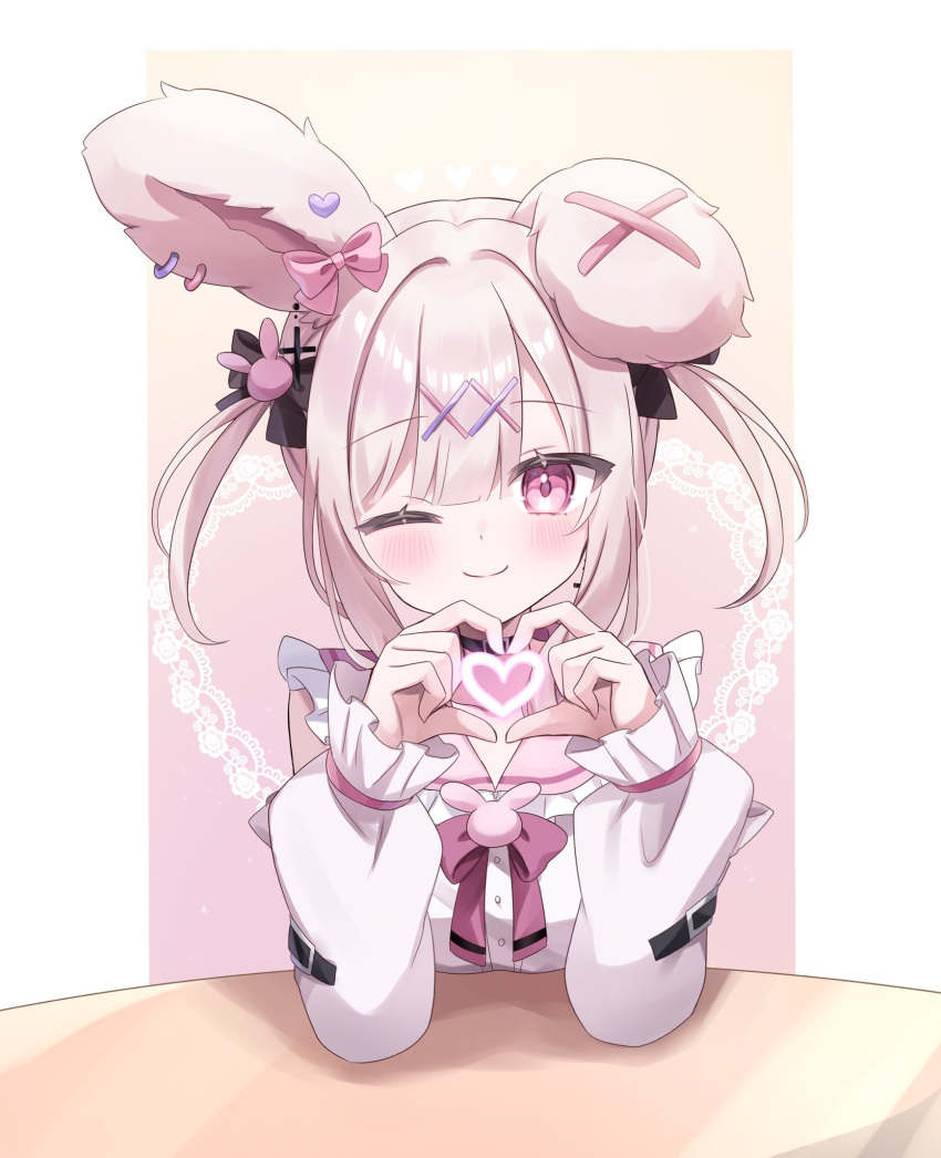 1girl ;) animal_ears artist_request black_bow black_choker blonde_hair blunt_bangs blush bow choker elbows_on_table frilled_sleeves frills hair_bow hair_intakes hair_ornament heart heart_hands highres indie_virtual_youtuber looking_at_viewer one_eye_closed pink_eyes rabbit_ears rabbit_girl smile solo usatama_amyu x_hair_ornament