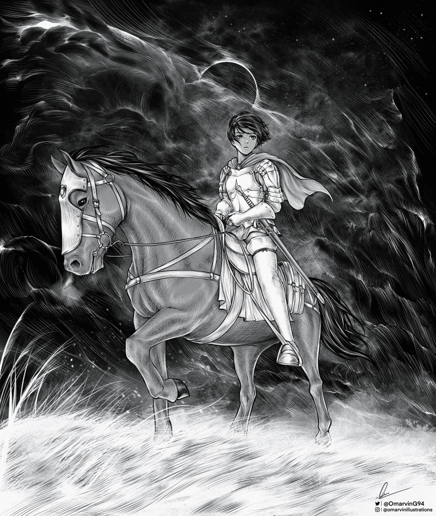 1girl absurdres armor berserk capelet casca_(berserk) commentary eclipse elbow_gloves gloves grass greyscale highres horse horseback_riding instagram_username marvin_(omarvin) monochrome riding saddle sheath sheathed short_hair signature sky solo star_(sky) starry_sky stirrups_(riding) sword tall_grass thigh-highs twitter_username weapon wind