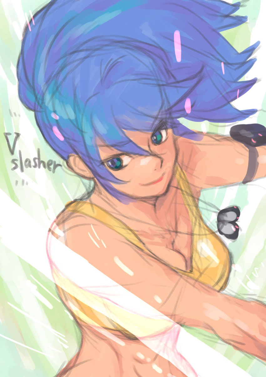 1girl arm_pouch bare_shoulders blue_eyes blue_hair breasts crop_top dog_tags earrings highres jewelry leona_heidern mujinado ponytail slashing soldier solo tank_top the_king_of_fighters the_king_of_fighters_xv triangle_earrings unfinished yellow_tank_top