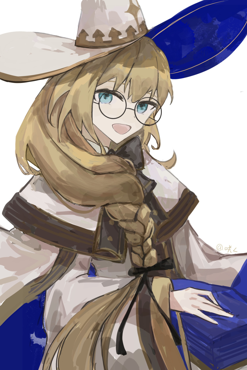 1girl absurdres blonde_hair blue_eyes book bow braid cloak fate/grand_order fate_(series) glasses hair_bow hat highres looking_at_viewer open_mouth sharon_lin single_braid solo tonelico_(fate) witch_hat