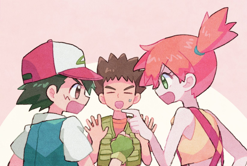 1girl 2boys angry ash_ketchum baseball_cap black_hair blue_jacket brock_(pokemon) brown_eyes brown_hair clenched_hand closed_eyes crop_top fingerless_gloves from_side gloves green_eyes green_gloves green_vest hair_tie hand_up hands_up hat high_ponytail highres jacket looking_at_another mgomurainu misty_(pokemon) multiple_boys open_mouth orange_background orange_hair orange_shirt pointing pointing_at_another pokemon pokemon_(anime) pokemon_(classic_anime) red_headwear shirt short_hair short_ponytail short_sleeves spiky_hair suspenders sweatdrop upper_body vest yellow_shirt