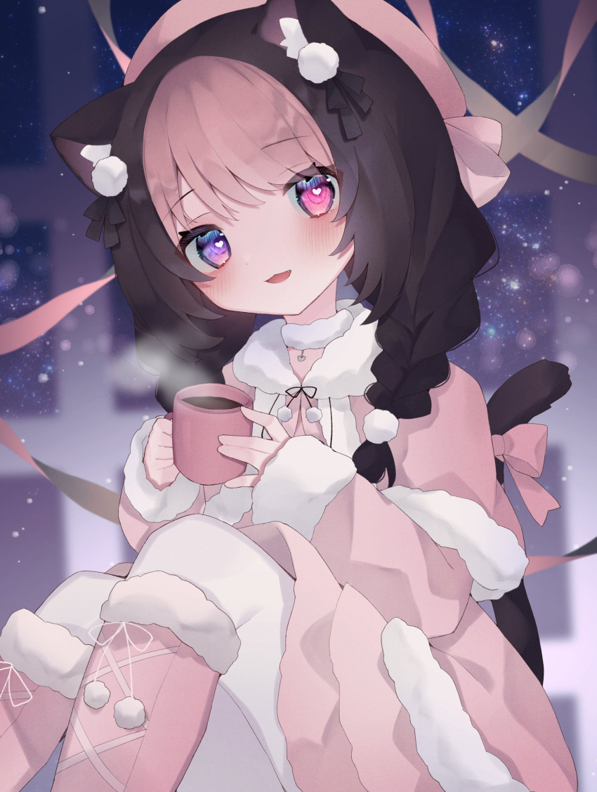 1girl absurdres animal_ear_fluff animal_ears beret black_hair black_ribbon blush boots bow braid bright_pupils cat_ears cat_girl cat_tail coat cup darlingstrawb eringikinono fur-trimmed_boots fur-trimmed_coat fur_collar fur_trim hair_ornament hat heart heart-shaped_pupils heterochromia highres holding holding_cup hot_chocolate indie_virtual_youtuber multicolored_hair night night_sky pantyhose parted_lips pink_bow pink_coat pink_eyes pink_footwear pink_hair pink_headwear pom_pom_(clothes) pom_pom_hair_ornament ribbon second-party_source sky solo symbol-shaped_pupils tail tail_bow tail_ornament two-tone_hair violet_eyes virtual_youtuber white_pantyhose white_pupils