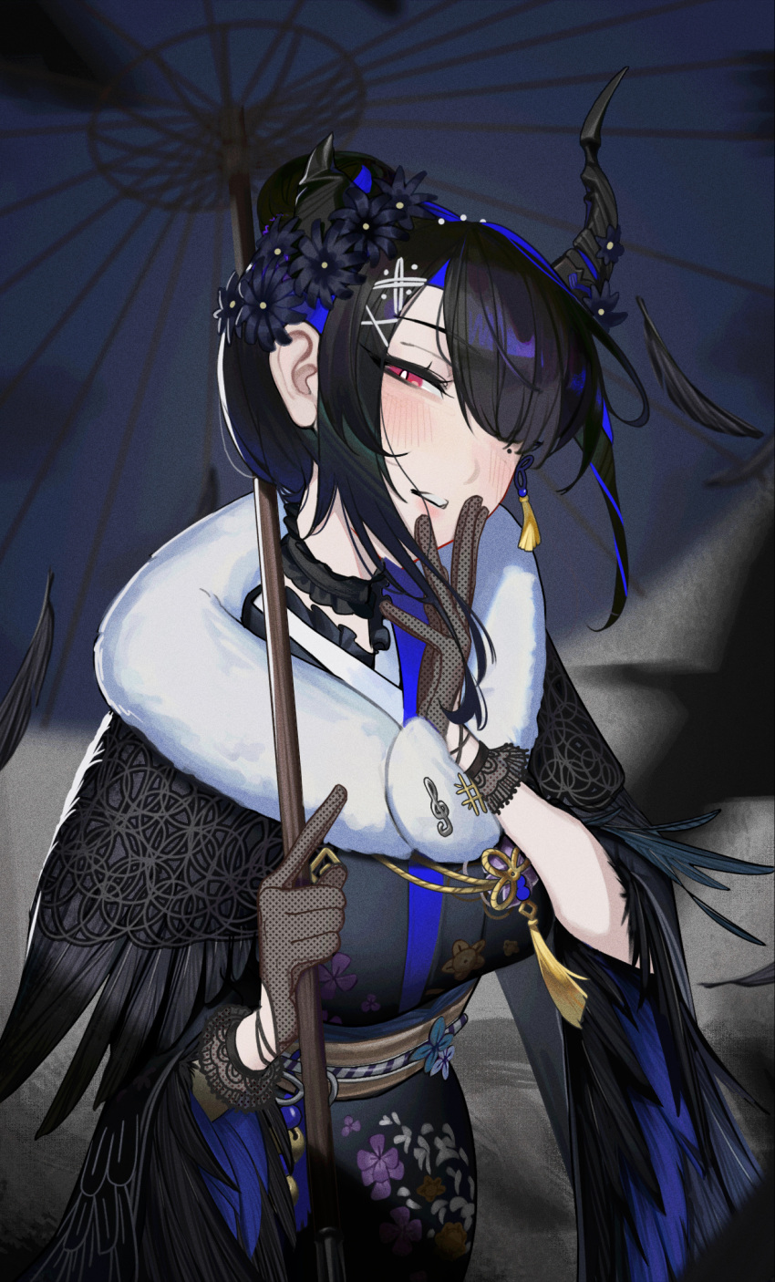 1girl asymmetrical_horns black_hair black_kimono blue_hair blush choker colored_inner_hair demon_horns frilled_choker frills gloves hair_ornament head_tilt highres hololive hololive_english horns japanese_clothes kimono lace lace_gloves looking_at_viewer mole mole_under_eye multicolored_hair nerissa_ravencroft nerissa_ravencroft_(new_year) official_alternate_costume official_alternate_hairstyle parasol red_eyes solo umbrella uneven_horns virtual_youtuber wvs