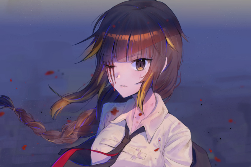 1girl black_jacket blood brown_eyes brown_hair girls_frontline jacket long_hair m16a1_(girls'_frontline) mole mole_under_eye multicolored_hair necktie off_shoulder one_eye_closed open_mouth scar shirt simple_background upper_body xanax025 yellow_shirt