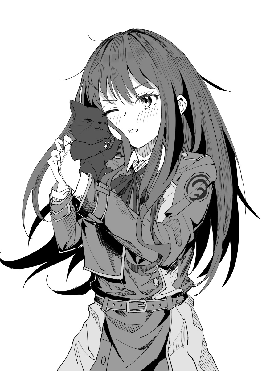 1girl absurdres animal belt belt_buckle black_cat buckle cat collared_dress cropped_legs dress greyscale highres holding holding_animal holding_cat inoue_takina joker_(jjjokerrr233) long_hair long_sleeves looking_at_viewer lycoris_recoil lycoris_uniform monochrome neck_ribbon one_eye_closed parted_lips ribbon sidelocks simple_background solo white_background
