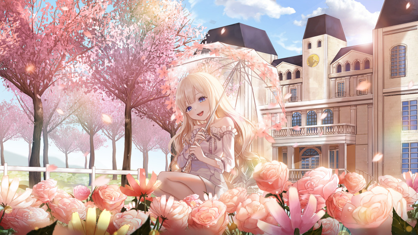 1girl :d appble atmospheric_perspective balcony blonde_hair blue_eyes blue_sky building cherry_blossoms day dress falling_petals fence flower frilled_dress frills full_body holding holding_umbrella horizon long_hair open_mouth outdoors petals pink_flower pink_rose rose scenery sky smile solo spring_(season) squatting strapless strapless_dress tales_runner too_many_flowers tree umbrella white_dress window yellow_flower