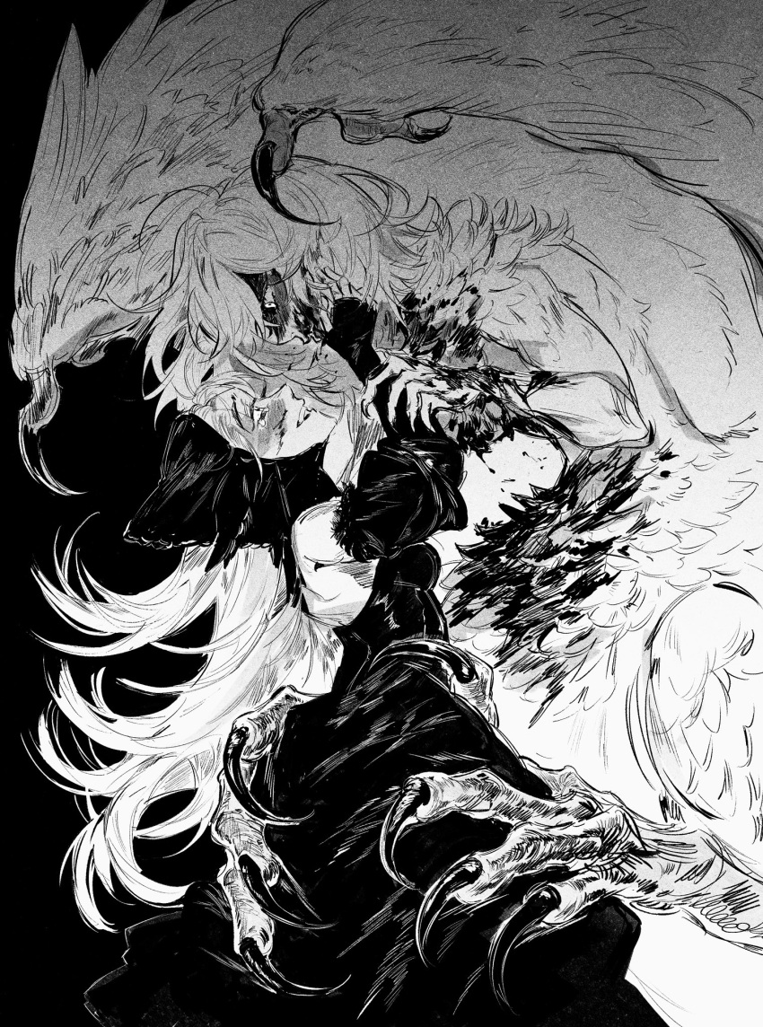2girls akemi_(callitopia) black_dress blood blood_on_face blood_on_hands centauroid chimera dress dungeon_meshi falin_thorden feathered_wings feathers greyscale hand_on_another's_arm hand_on_another's_cheek hand_on_another's_face hand_on_another's_hip highres long_hair marcille_donato monochrome multiple_girls talons taur tearing_up white_feathers wings yuri