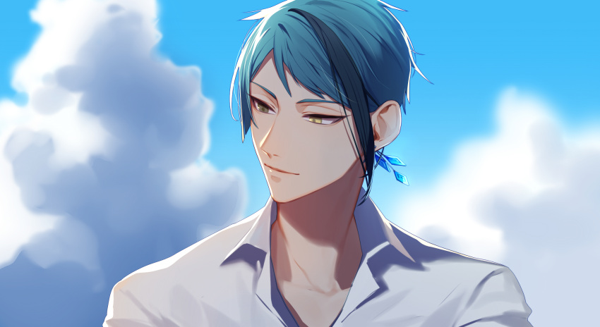 13_(bbr584607091) 1boy aqua_hair black_hair blue_sky brown_eyes clouds collared_shirt commentary earrings heterochromia highres jade_leech jewelry looking_to_the_side male_focus multicolored_hair outdoors portrait shirt single_earring sky smile solo streaked_hair symbol-only_commentary twisted_wonderland upper_body white_shirt yellow_eyes