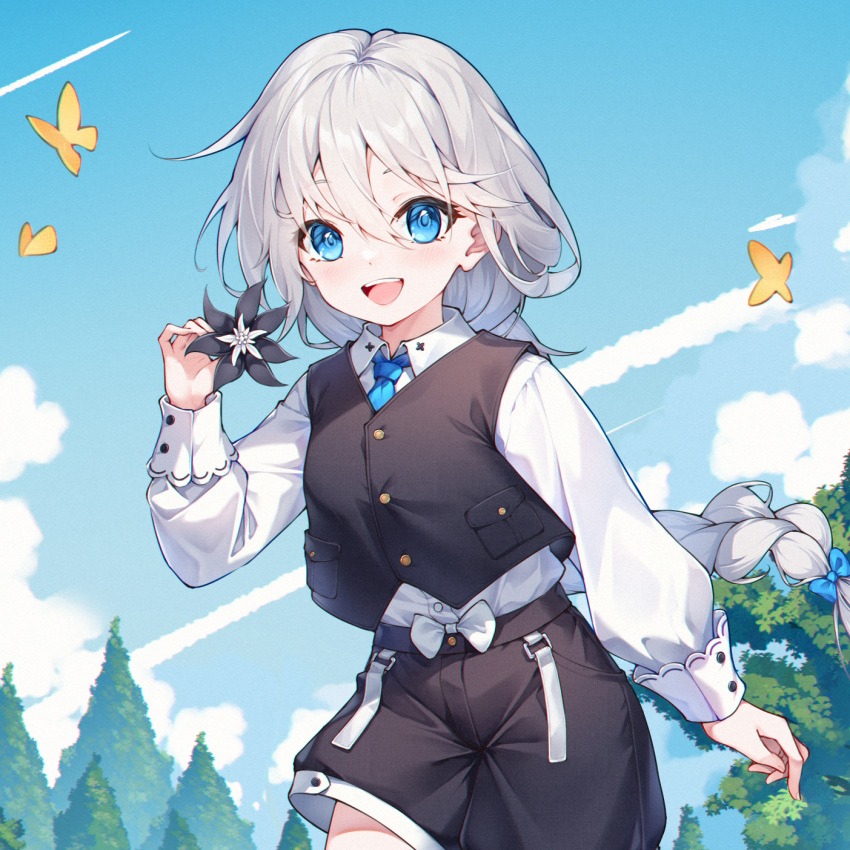 1girl aged_down apc556_(girls'_frontline) black_shorts black_vest blue_bow blue_eyes blue_necktie bow bug butterfly clouds collared_shirt commission flower ge_zhong_kuaile girls_frontline hair_between_eyes hair_bow highres holding holding_flower long_hair long_sleeves looking_at_viewer necktie open_mouth outdoors pixiv_commission shirt shorts smile solo standing tree vest white_bow white_hair white_shirt yellow_butterfly