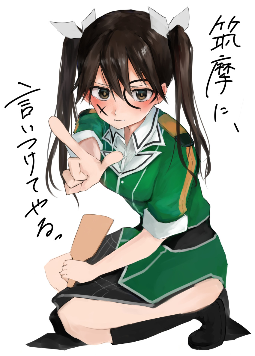 1girl 73suke absurdres black_hair black_socks body_markings brown_eyes commentary_request green_shirt hagoita hair_ribbon highres index_finger_raised kantai_collection long_hair military_uniform paddle pelvic_curtain ribbon shirt simple_background socks solo tone_(kancolle) tone_kai_ni_(kancolle) twintails uniform white_background