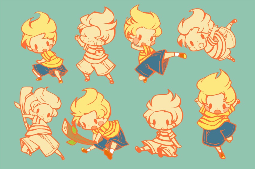 &gt;_&lt; 1boy arms_up blonde_hair blue_background blue_shorts blush_stickers brown_footwear chibi dot_nose hitofutarai holding holding_stick kicking lucas_(mother_3) male_focus mother_(game) mother_3 multiple_views open_mouth shirt short_hair shorts sitting socks solid_oval_eyes stick striped striped_shirt white_socks yellow_shirt