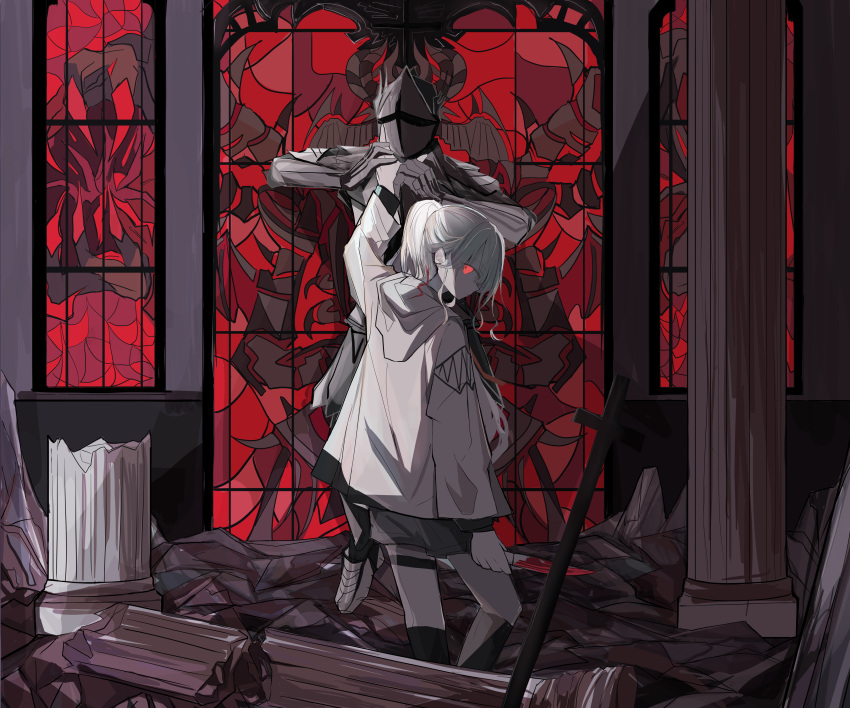1girl 1other absurdres choke_hold creator_if destruction full_body grey_hair hair_between_eyes highres knight looking_at_viewer neck_grab original ponytail red_eyes short_hair stained_glass standing strangling white_hair window