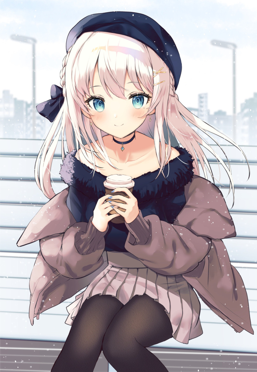 1girl absurdres beret blue_eyes blush collarbone commission cup earrings fingernails grey_hair hair_ornament hat highres indie_virtual_youtuber jacket jewelry looking_at_viewer nagino_mashiro necklace neru5 pantyhose second-party_source sitting skeb_commission smile snow solo virtual_youtuber
