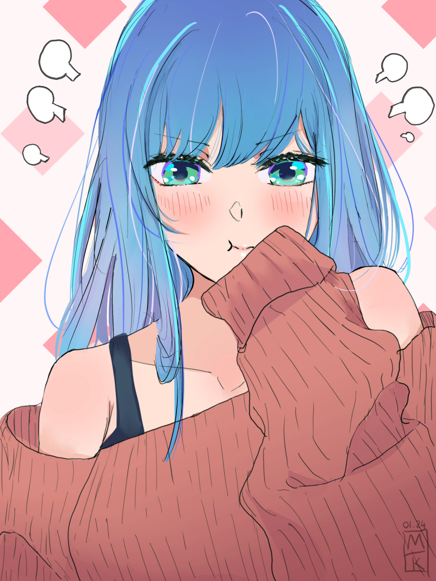 1girl bare_shoulders black_bra blue_hair blush bra bra_strap brown_sweater closed_mouth collarbone commentary dated english_commentary green_eyes hand_up highres kurokawa_akane long_hair looking_at_viewer melko_(merili) off_shoulder oshi_no_ko pout puff_of_air sidelocks signature sleeves_past_fingers sleeves_past_wrists solo sweater underwear upper_body