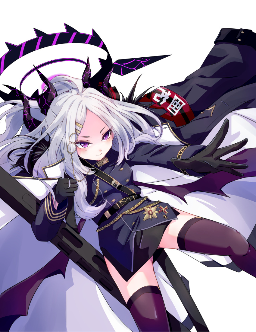 &gt;:) 1girl absurdres ahoge belt black_gloves blue_archive closed_mouth coat coat_on_shoulders demon_horns demon_wings gloves gun highres hina_(blue_archive) holding holding_weapon horns machine_gun mg42 military miniskirt mosuke1221 pencil_skirt ponytail skirt solo thigh-highs thigh_gap v-shaped_eyebrows weapon white_hair wings zettai_ryouiki