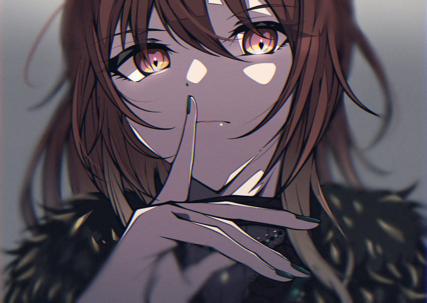 1girl absurdres aketa_mikoto blurry brown_eyes brown_hair chromatic_aberration close-up closed_mouth depth_of_field film_grain finger_to_mouth fur_trim gradient_hair green_nails grey_background hair_between_eyes highres idolmaster idolmaster_shiny_colors jewelry kakuzatou_(cubesugar03196) light_brown_hair looking_at_viewer medium_hair multicolored_hair nail_polish necklace portrait shushing solo