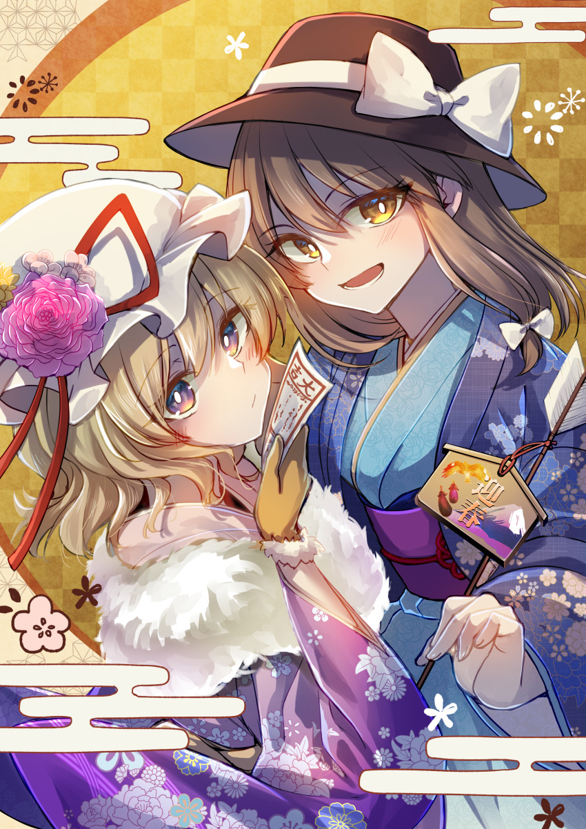 2girls absurdres arrow_(projectile) black_headwear blonde_hair bow brown_hair expressionless floral_print_kimono gloves gradient_eyes hat hat_bow highres holding holding_arrow kinese_(katasutorohu) looking_at_viewer maribel_hearn mob_cap multicolored_eyes multiple_girls open_mouth smile touhou usami_renko violet_eyes white_bow white_headwear yellow_eyes yellow_gloves