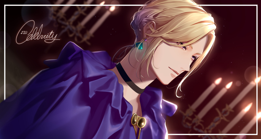 13_(bbr584607091) 1boy blonde_hair brooch candle commentary dutch_angle english_text gradient_hair hair_bun highres jewelry light_smile looking_at_viewer male_focus multicolored_hair parted_bangs purple_hair purple_robe robe sidelocks solo symbol-only_commentary twisted_wonderland upper_body vil_schoenheit yellow_eyes