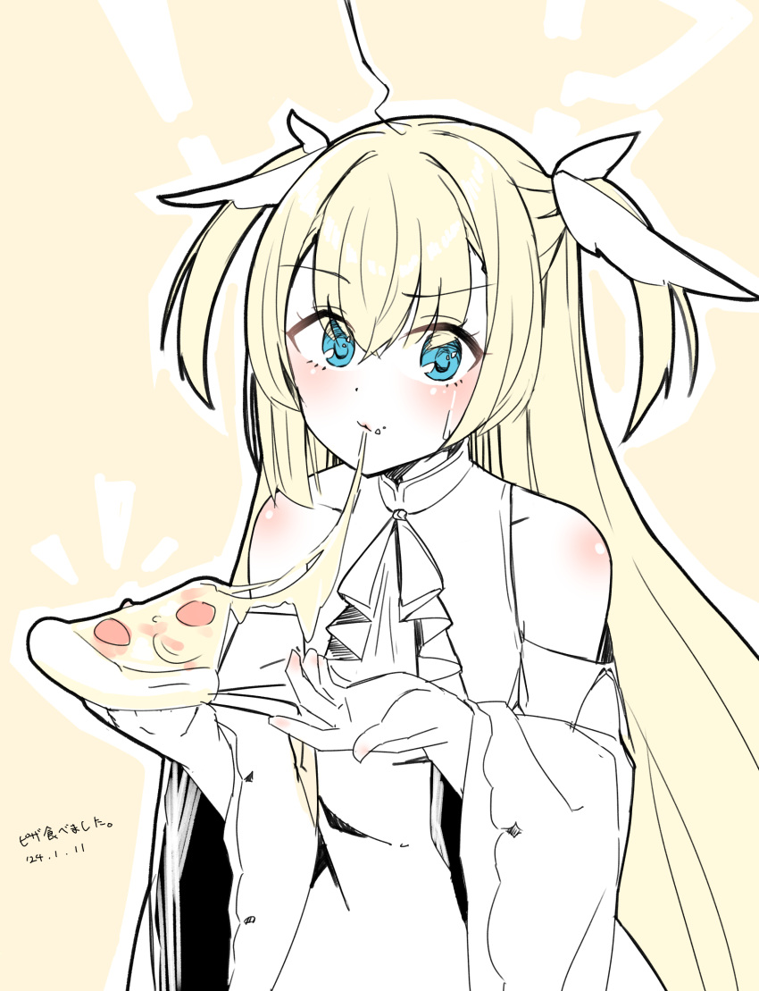 1girl 2024 ahoge ascot bare_shoulders blonde_hair blue_eyes blush cheese_trail closed_mouth commentary dated detached_sleeves eating egg_vibrator eyelashes food hair_between_eyes hand_up highres holding holding_food holding_pizza long_hair long_sleeves looking_at_viewer pizza pizza_slice sex_toy shirayuki_noa shirt silver116 simple_background sleeveless sleeveless_shirt solo tenshi_souzou_re-boot! translated two_side_up very_long_hair vibrator white_ascot white_shirt wide_sleeves wing_hair_ornament yellow_background