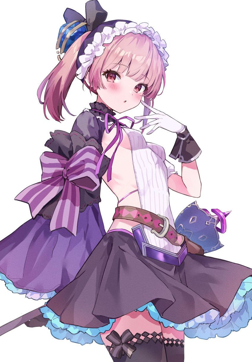 1girl absurdres asymmetrical_clothes atelier_(series) belt blunt_bangs breasts character_request gloves hair_ornament highres medium_hair mola_mola open_mouth pink_eyes pink_hair sideboob simple_background small_breasts solo staff thigh-highs weapon white_background