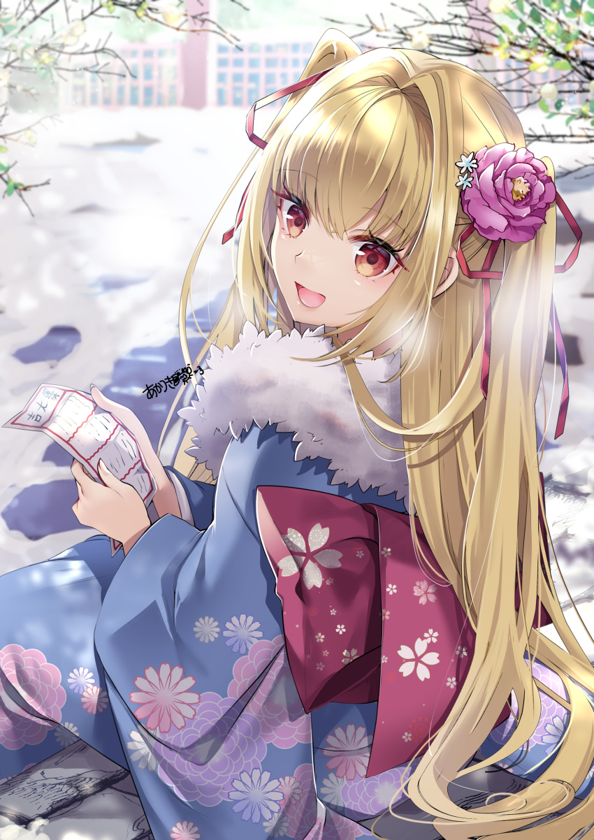 1girl :d absurdres akatsuki_hijiri alternate_costume back_bow blonde_hair blue_kimono bow breath cherry_blossom_print commentary commission day eyelashes feet_out_of_frame floral_print flower from_behind fur-trimmed_kimono fur_trim furisode hair_between_eyes hair_flower hair_intakes hair_ornament hair_ribbon happy highres holding_tanzaku irotoridori_no_sekai japanese_clothes kimono long_hair looking_at_viewer looking_back nikaidou_shinku open_mouth outdoors pink_flower red_bow red_eyes red_ribbon ribbon signature sitting skeb_commission smile snow solo straight_hair tsurime two_side_up very_long_hair winter