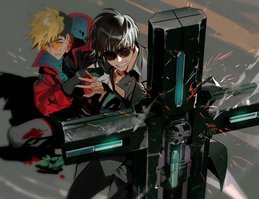 2boys black_gloves black_hair black_jacket black_pants black_shirt blonde_hair blood blood_on_clothes cigarette citronplanet clenched_teeth collared_shirt cowboy_shot earrings glasses gloves grey_background grey_shirt highres jacket jewelry large_cross male_focus mouth_hold multiple_boys nicholas_d._wolfwood one_eye_closed orange-tinted_eyewear pants prosthesis prosthetic_arm red_jacket round_eyewear shirt short_hair single_earring sparks squatting standing sunglasses sweatdrop teeth tinted_eyewear trigun trigun_stampede undercut v-shaped_eyebrows vash_the_stampede