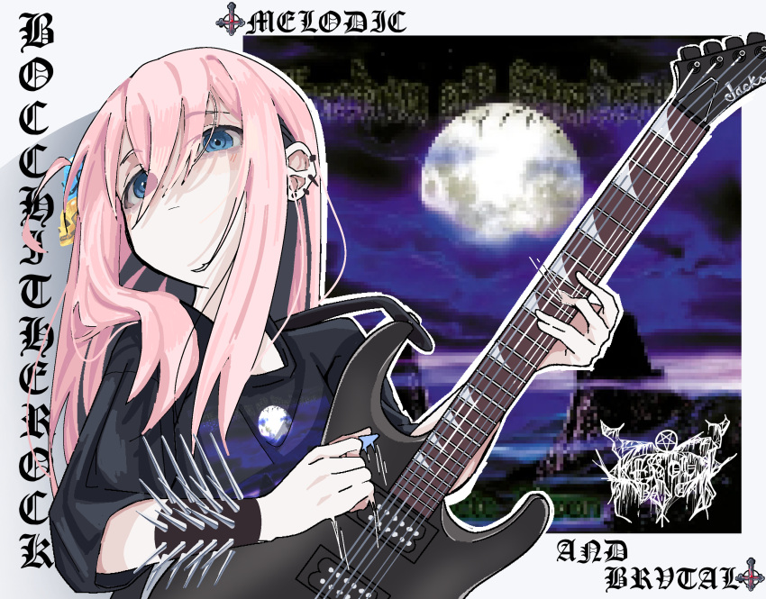 1girl alternate_costume black_shirt blackletter blue_eyes bocchi_the_rock! bracelet closed_mouth commentary cube_hair_ornament ear_piercing electric_guitar english_commentary expressionless gothic gotoh_hitori guitar guitar_hero hair_between_eyes hair_ornament hands_up head_tilt highres holding holding_guitar holding_instrument holding_plectrum instrument irreligiositat jewelry long_hair moon piercing pink_hair pixel_art_inset plectrum print_shirt shirt sidelocks sleeves_past_elbows solo spiked_bracelet spikes upper_body