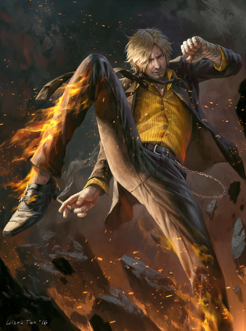 1boy artist_name bandaged_hand bandages black_necktie blonde_hair cigarette clenched_hand closed_mouth commentary curly_eyebrows english_commentary facial_hair fire formal goatee hair_over_one_eye highres holding holding_cigarette male_focus necktie one_eye_covered one_piece realistic sanji_(one_piece) short_hair smoke solo suit wisnutan