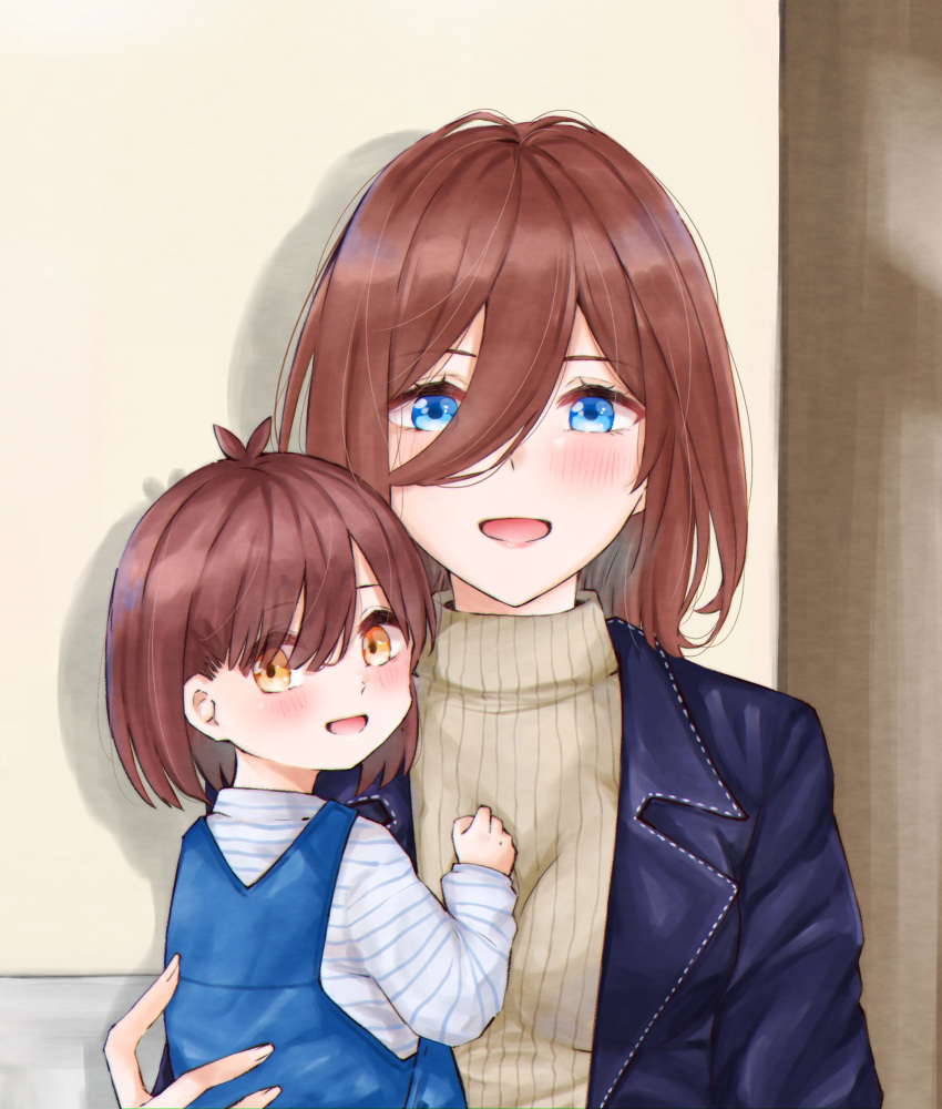 2girls absurdres aged_up baby blue_eyes blue_overalls blush brown_eyes brown_hair carrying carrying_person child commentary go-toubun_no_hanayome hair_between_eyes highres if_they_mated jacket looking_at_viewer mother_and_daughter multiple_girls nakano_miku open_mouth overalls ribbed_sweater smile sweater tsubomi_hanami