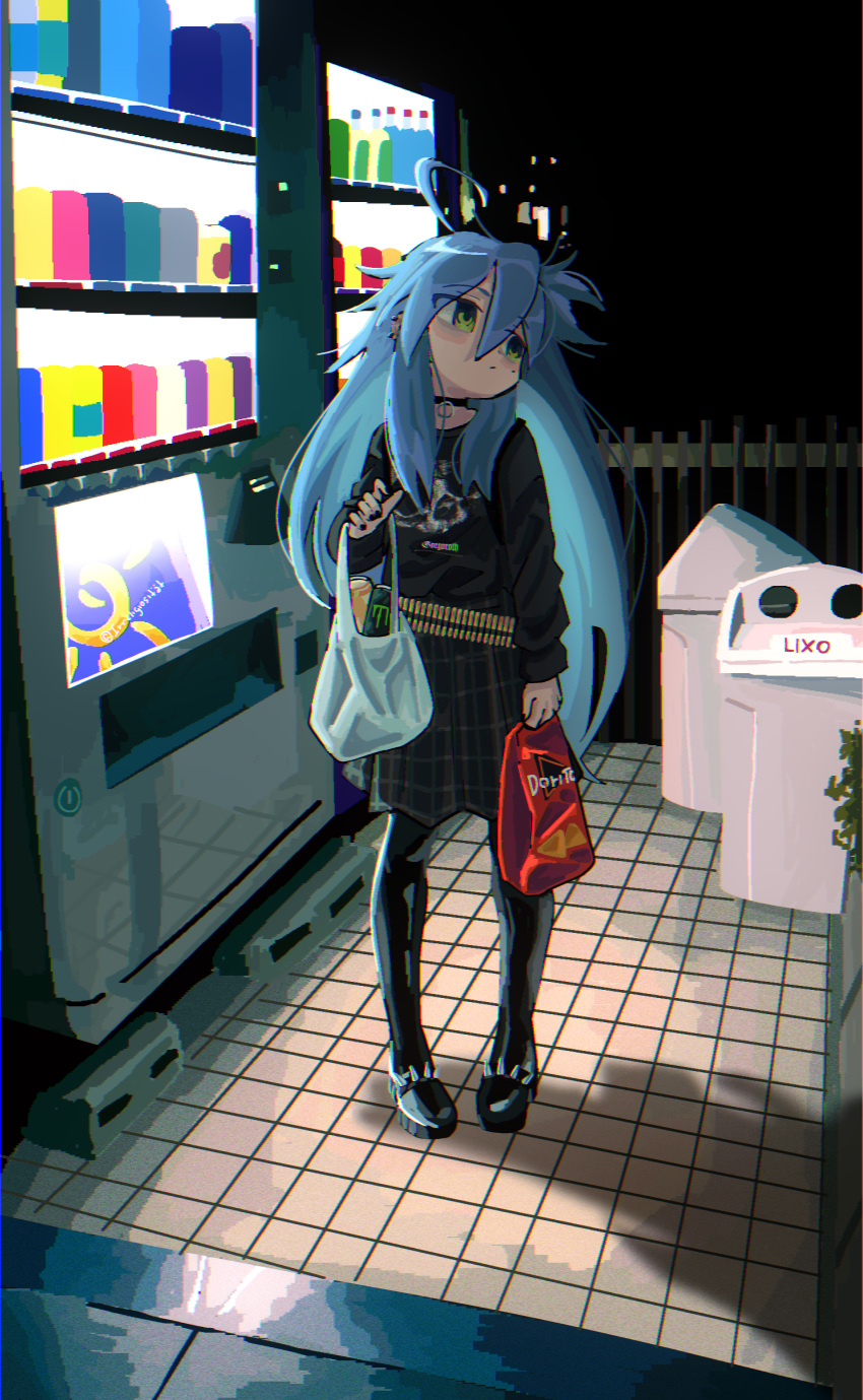 1girl absurdres ahoge alternate_costume bag bags_under_eyes black_footwear black_nails black_shirt black_skirt blue_hair boots can chromatic_aberration closed_mouth commentary doritos dot_mouth energy_drink english_commentary expressionless full_body gothic green_eyes hair_between_eyes highres holding holding_bag irreligiositat izumi_konata long_hair long_sleeves looking_to_the_side lucky_star mole mole_under_eye monster_energy nail_polish night outdoors plaid plaid_skirt plastic_bag print_shirt shirt shopping_bag sidelocks skirt solo spiked_footwear standing thigh_boots tile_floor tiles vending_machine very_long_hair