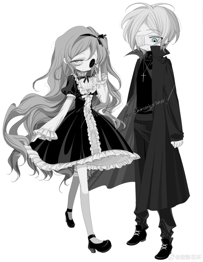 1boy 1girl absurdres black_dress black_footwear black_jacket blue_eyes colored_skin commission cross cross_necklace dress eyepatch frilled_dress frilled_sleeves frills grey_hair highres jacket jewelry juliet_sleeves long_hair long_sleeves medical_eyepatch meyou_0319 monochrome necklace original puffy_sleeves standing very_long_hair white_hair white_skin white_sleeves