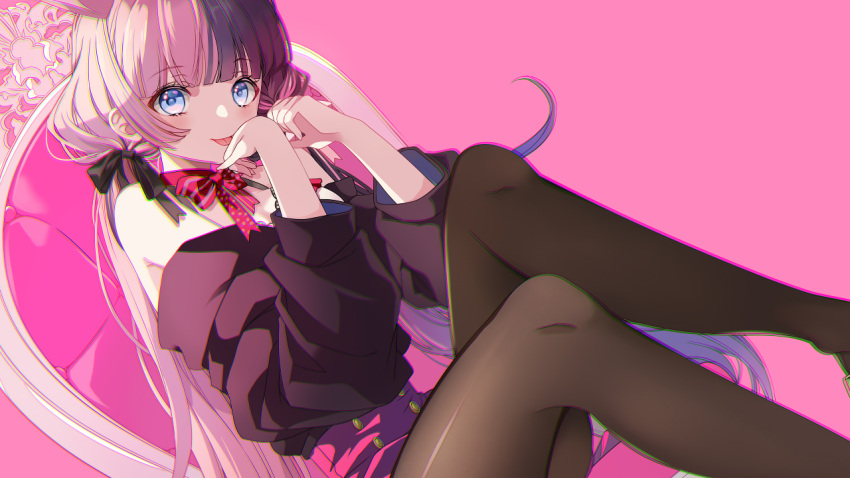 1girl animal_ears bare_shoulders black_bow black_footwear black_hair black_sweater black_thighhighs blue_eyes blunt_bangs bow bowtie chair dated fake_animal_ears flipped_hair full_body hair_bow heart heart_print high-waist_skirt iris_black_games long_hair looking_at_viewer multicolored_hair off-shoulder_sweater off_shoulder pink_background pink_bow pink_bowtie pink_hair pink_ribbon pink_skirt rabbit_ears ribbon seri_sketch shoes sidelocks simple_background sitting skirt solo split-color_hair sweater tachibana_hinano_(vtuber) thigh-highs tongue tongue_out twintails virtual_youtuber vspo!