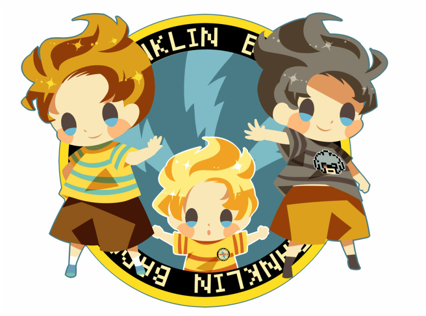 3boys alternate_color blonde_hair blue_eyes blue_footwear blue_outline blush_stickers brown_hair brown_shorts character_print claus_(mother_3) claus_(mother_3)_(cosplay) closed_mouth cosplay franklin_badge grey_hair grey_shirt hitofutarai lucas_(mother_3) male_focus masked_man_(mother_3) mother_(game) mother_3 multiple_boys open_mouth orange_shorts outline outstretched_arm outstretched_arms player_2 shirt shorts smile solid_oval_eyes spread_arms striped striped_shirt super_smash_bros. white_background yellow_shirt