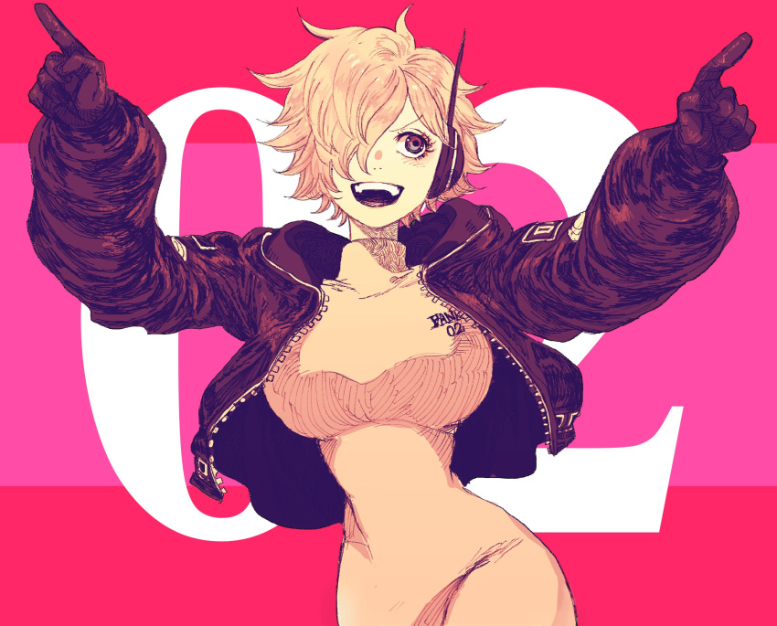 1girl black_gloves black_jacket bodysuit commentary gloves hair_over_one_eye highres index_fingers_raised jacket leather leather_jacket one_eye_covered one_piece open_clothes open_jacket open_mouth shiso_i4 short_hair smile solo teeth vegapunk_lilith