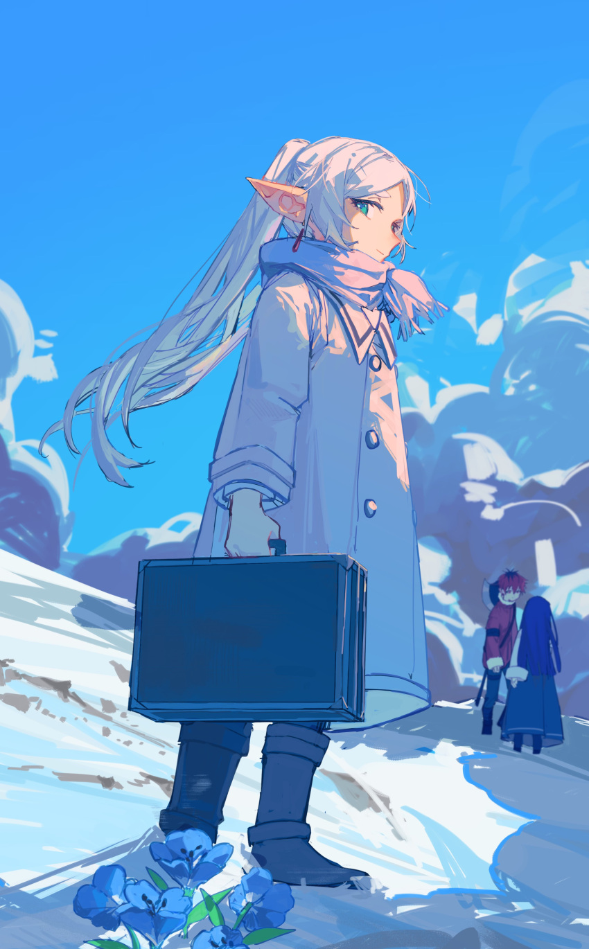 1boy 2girls absurdres blue_flower blue_sky boots briefcase closed_mouth clouds cloudy_sky coat commentary day elf english_commentary fern_(sousou_no_frieren) flower frieren full_body green_eyes highres holding holding_briefcase kurattes long_hair long_sleeves looking_at_viewer multiple_girls outdoors pointy_ears scarf sky snow solo_focus sousou_no_frieren standing stark_(sousou_no_frieren) twintails white_coat white_hair winter winter_clothes winter_coat
