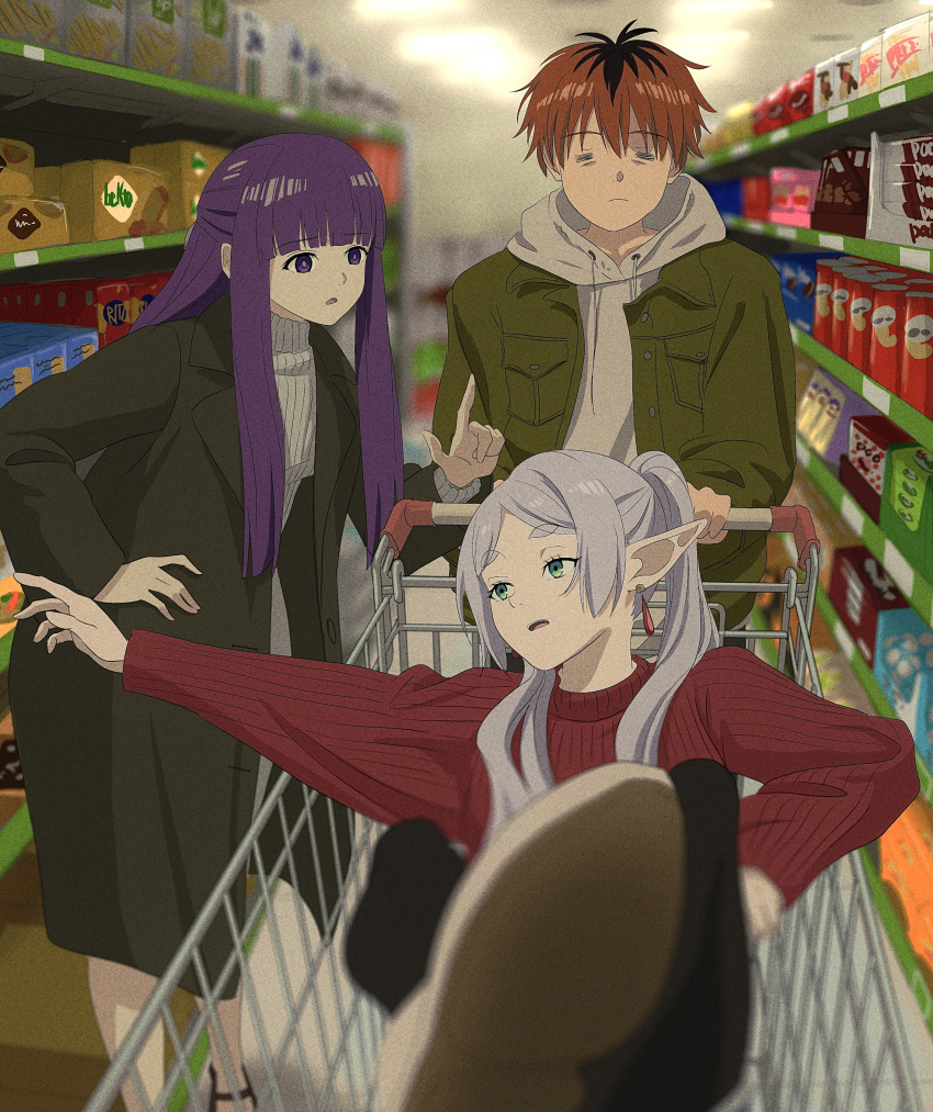 1boy 2girls =_= absurdres black_coat black_hair blunt_bangs closed_eyes coat commentary_request contemporary earrings elf fern_(sousou_no_frieren) frieren green_eyes green_jacket grey_hoodie highres hood hoodie in_shopping_cart indoors jacket jewelry long_hair long_sleeves manaka_(mnk0212) multicolored_hair multiple_girls open_clothes open_mouth parted_bangs pointy_ears purple_hair red_sweater redhead ribbed_sweater shop shopping shopping_cart short_hair sidelocks sitting sousou_no_frieren standing stark_(sousou_no_frieren) straight_hair sweater twintails two-tone_hair violet_eyes white_hair white_sweater