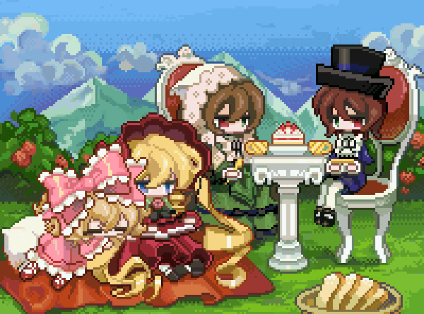 4girls animated animated_gif basket blue_sky bow bread brown_hair bush chair clouds dress food grass green_eyes hair_bow hat heterochromia highres meyou_0319 mountain multiple_girls outdoors picnic pink_bow pixel_art red_dress sitting sky top_hat violet_eyes