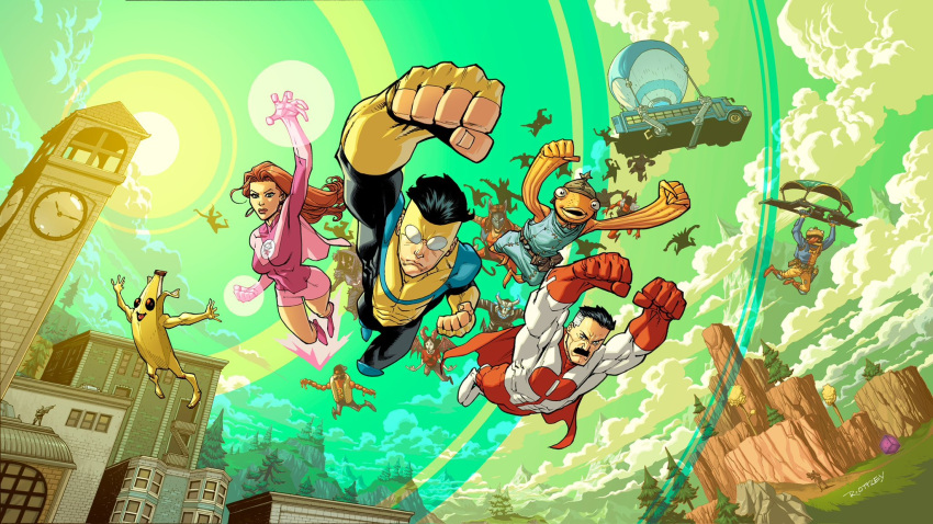 atom_eve black_hair breasts building bus cape capelet character_request clouds collaboration commentary covered_abs dave_mccaig english_commentary fingerless_gloves fishstick_(fortnite) foreshortening fortnite gloves green_sky grey_hair highres invincible_(character) invincible_(series) leotard mark_grayson medium_breasts motor_vehicle muscular muscular_male nolan_grayson official_art omni-man orange_hair parachute peely pink_capelet pink_leotard red_cape ryan_ottley samantha_eve_wilkins signature sun superhero the_brat_(fortnite) tree