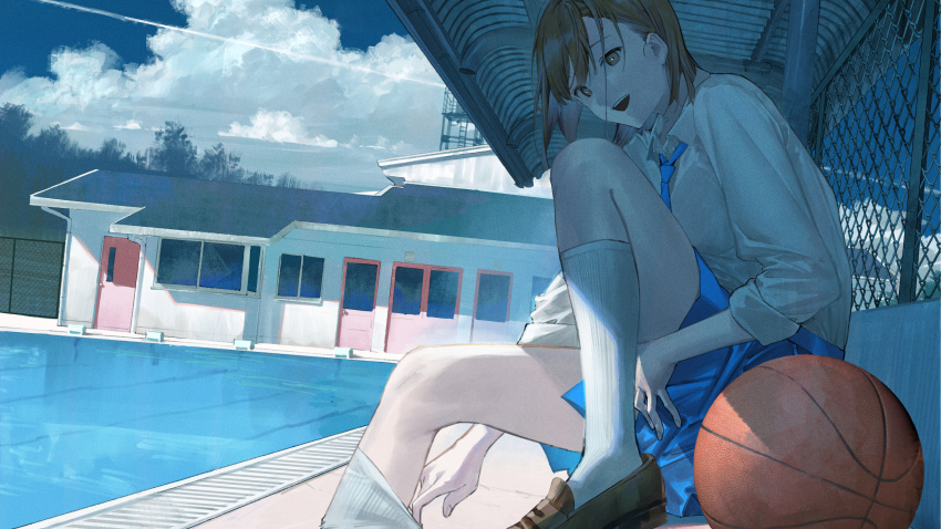1girl absurdres ao_no_hako_(wsj) basketball blue_necktie blue_skirt blue_theme brown_eyes brown_footwear brown_hair chain-link_fence clouds collared_shirt commentary contrail dress_shirt fence highres kano_chinatsu kento_matsuura kneehighs leg_up medium_hair necktie open_mouth outdoors pleated_skirt pool school_uniform shade shirt sitting skirt sleeves_past_elbows socks solo teeth upper_teeth_only white_shirt white_socks