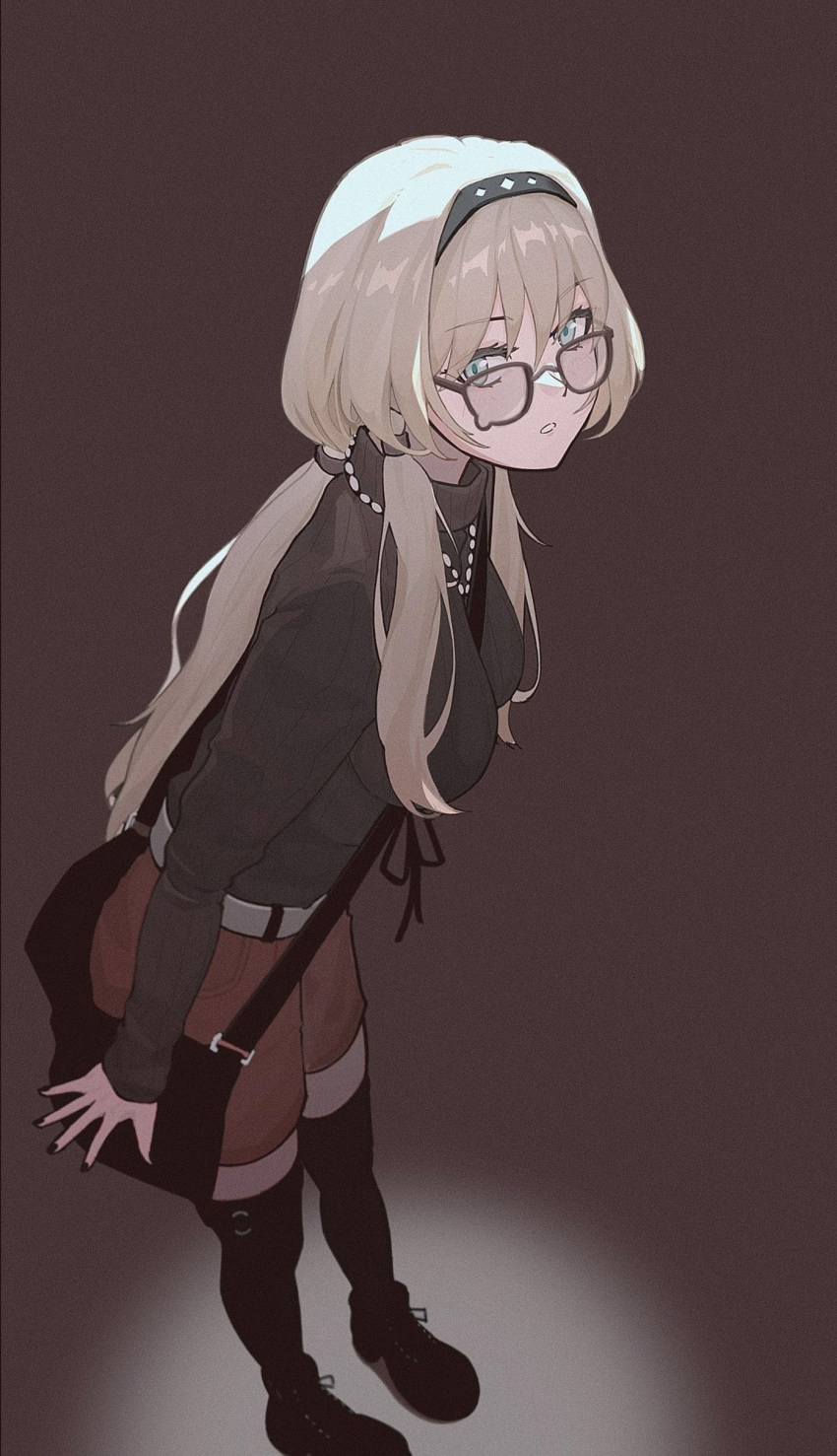 absurdres alternate_costume an-94_(girls'_frontline) bag belt bespectacled black_footwear black_hairband black_nails black_thighhighs blonde_hair blue_eyes boots breasts full_body girls_frontline glasses haggar114514 hairband highres looking_at_viewer parted_lips ponytail shorts shoulder_bag sweater thigh-highs