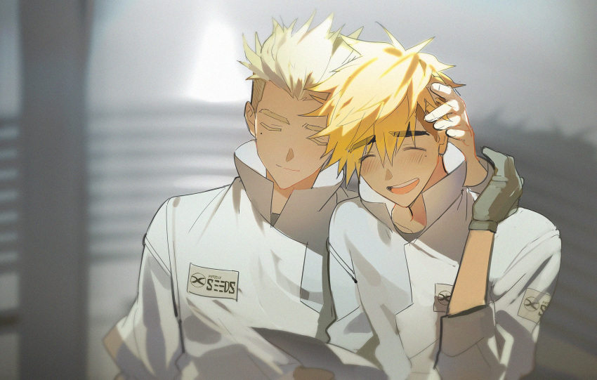 2boys ^_^ black_gloves blonde_hair brothers citronplanet closed_eyes closed_mouth collared_jacket gloves hand_on_another's_head hand_up highres jacket long_sleeves male_focus millions_knives mole mole_under_eye multiple_boys open_mouth short_hair siblings smile trigun trigun_stampede upper_body vash_the_stampede white_jacket